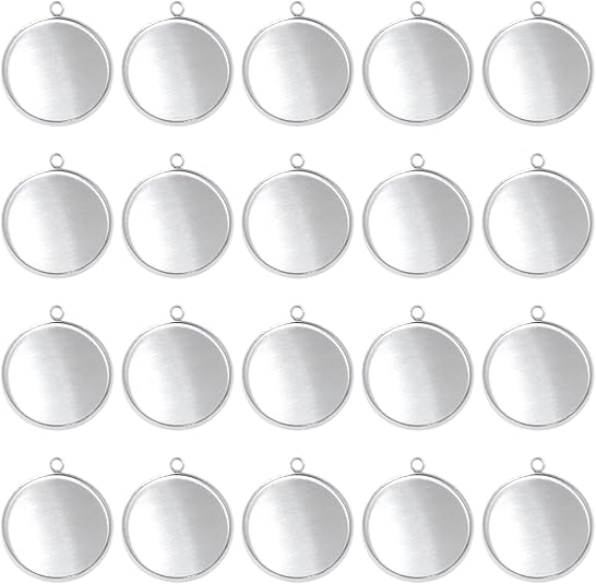 Resin Art Keychain - 20個のステンレス鋼ラウンドベゼルブランクペンダントトレイ、イヤリング、ブレスレット、ネックレス、キーホルダー、DIYクラフト、樹脂ガラスカボショ用