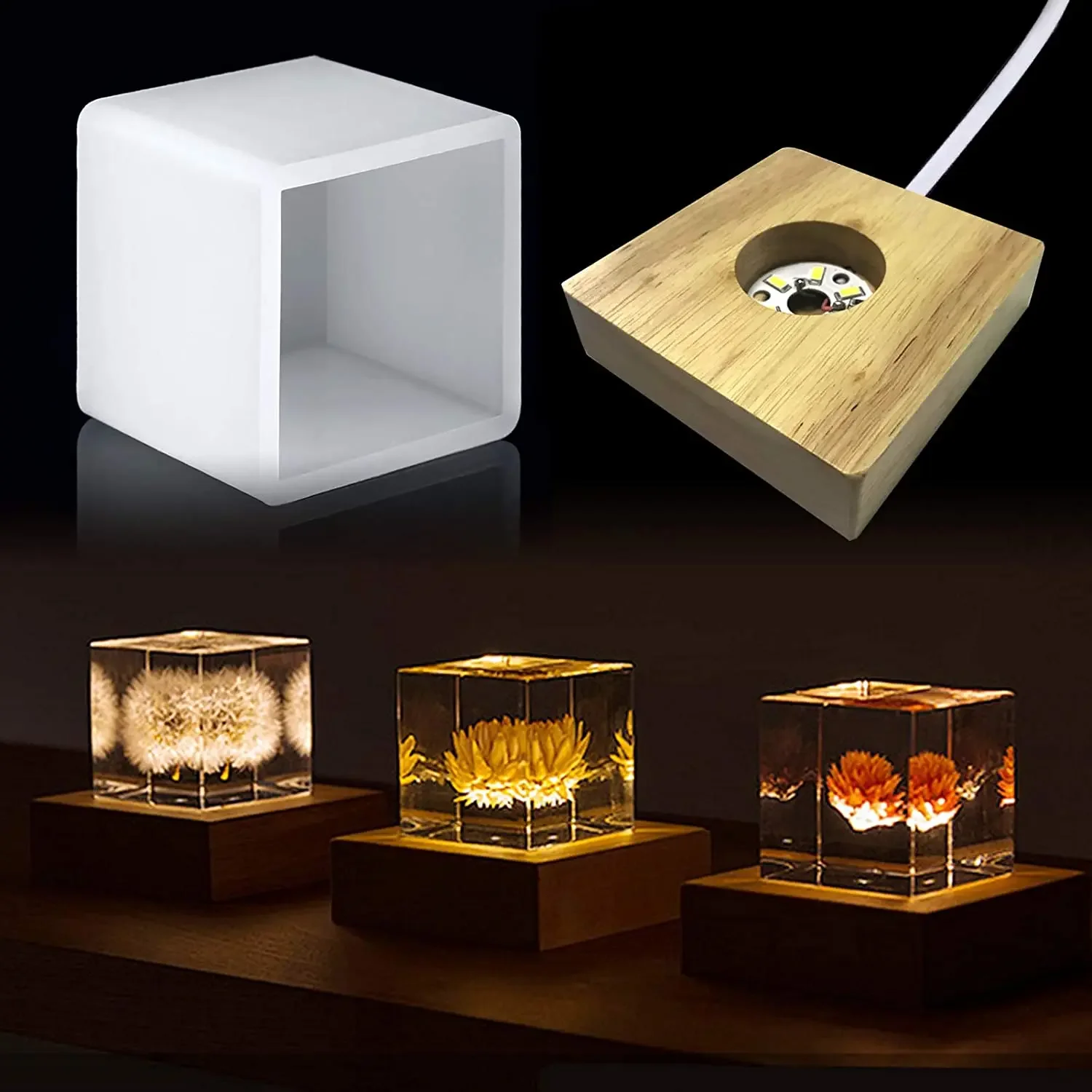 Resin Art Stand - スクエアライト樹脂モールド、樹脂用LEDシリコンモールド、樹脂アート用木製照明ベーススタンド付き樹脂シリコンモールド
