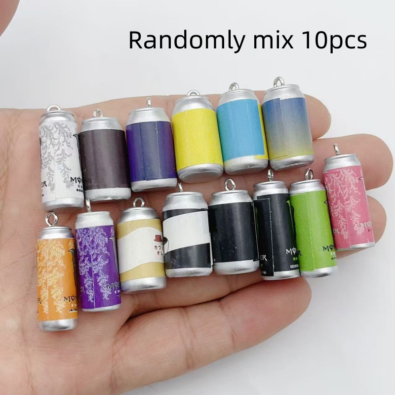 Resin Art Keychain - 10個入り ミニチュア シミュレーション飲料缶 レジンチャーム カラフルな模造ドリンクボトルペンダント DIY