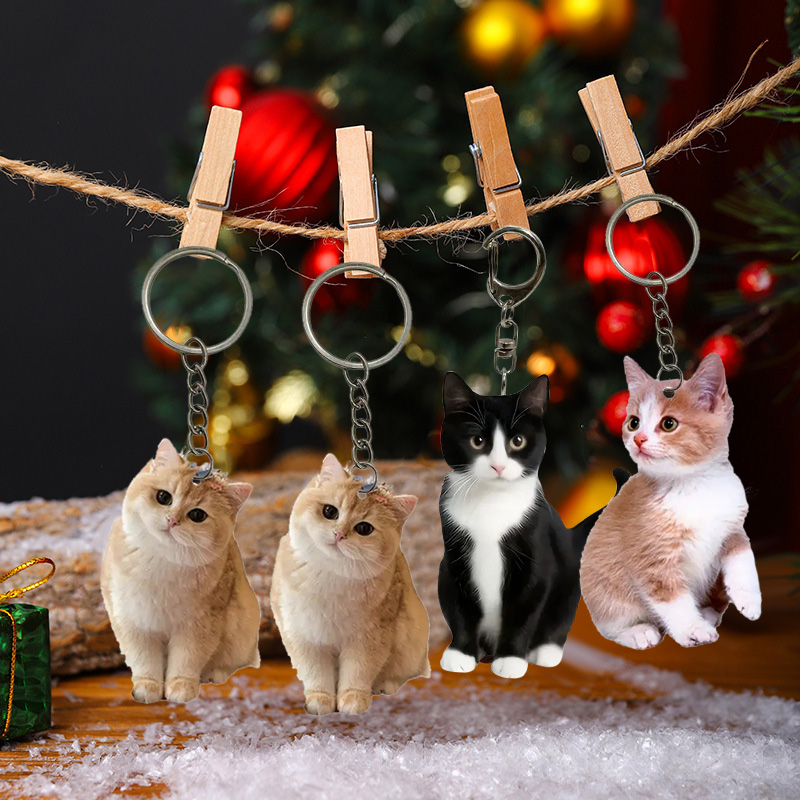 Resin Art Keychain Design - 黒と白の猫キーホルダー 2d アクリル猫ペンダント両面デザイン動物キーリングチャームバックパック & ギフト家の装飾