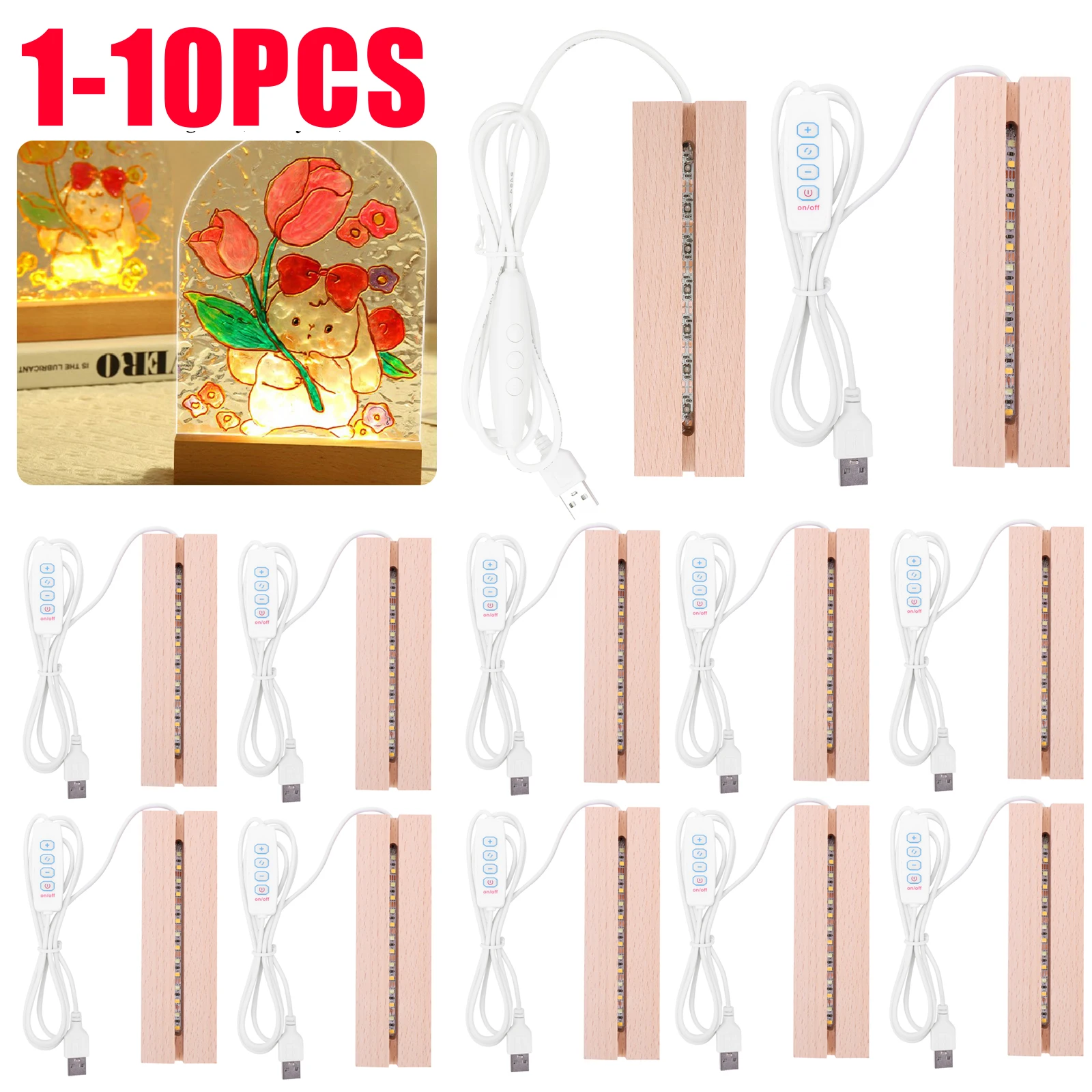 Resin Art Stand - 1-10個入り LED木製ライトディスプレイ クリスタルアクリルライトベース USB木製スタンド レジンアートクラフトライト装飾用 스탠드