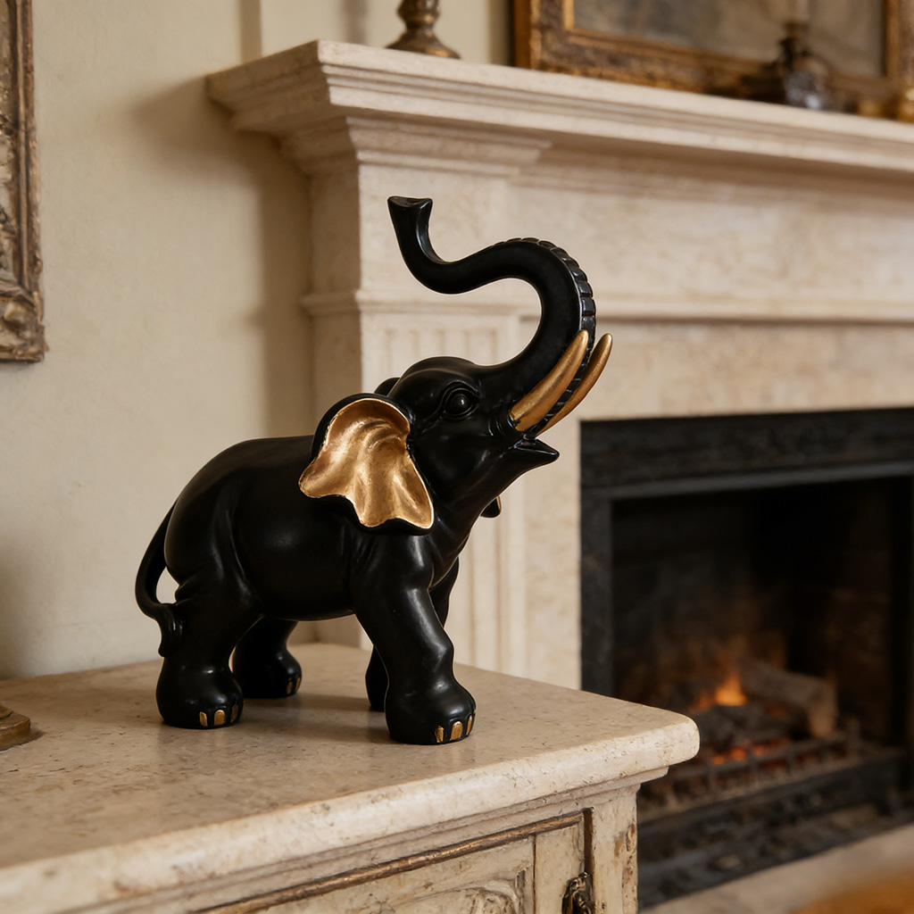黒と金のフォーチュンエレファント像オーナメント1点、軽やかで - Resin Art Decoration Items のレビューと価格
