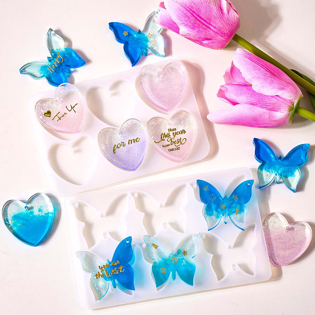 6穴付きイヤリングシリコンモールドDIYハート蝶形エポキシ樹 - Resin Art Acrylic のレビューと価格